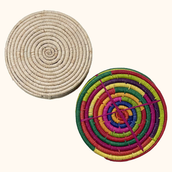 Set of 6 23cm raffia placemats in natural and multicolour, cut out photo