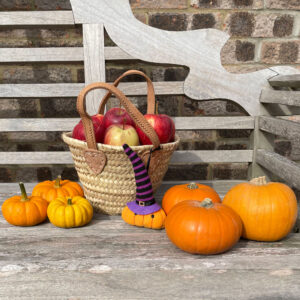 Baby French Basket filled with apples and surrounded by mini pumpkins for Halloween