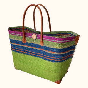 Mery Button Beach Basket with lime green stripes cut out photo
