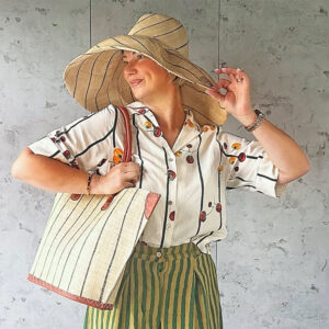 Natural pinstripe bato raffia bag with matching large mimosa raffia hat