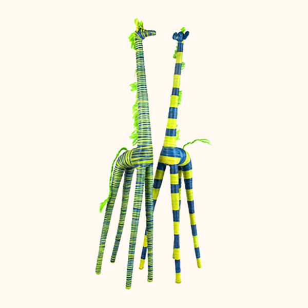 Large green and blue raffia giraffes, cut out photo