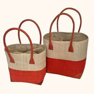 Set of 2 natural and coral drawstring tote basket bags - cut out photo