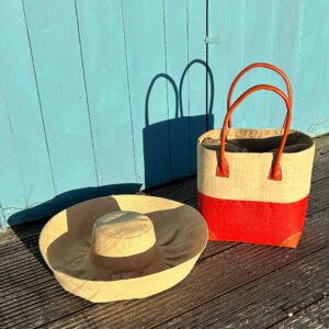 Medium Hanta Two Tone Coral Bag with Large Mimosa Hat in Natural at beach