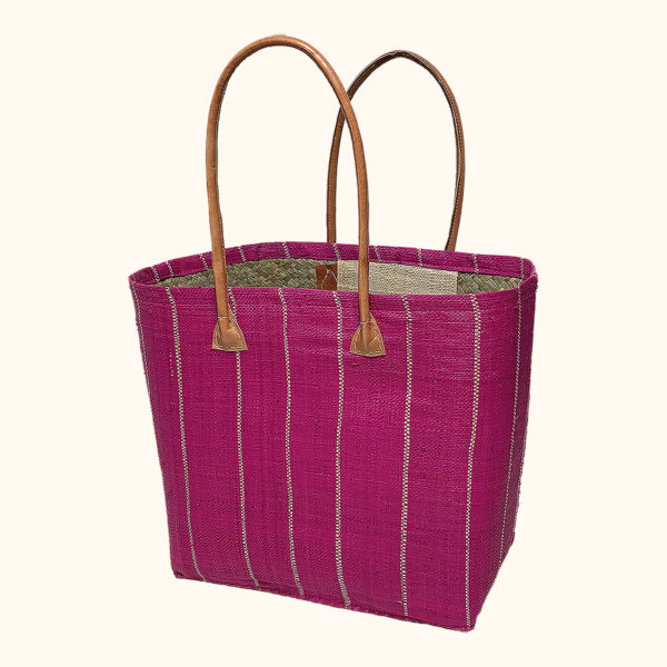Large Raffia Pinstripe Basket Bag in Pink cut out photo