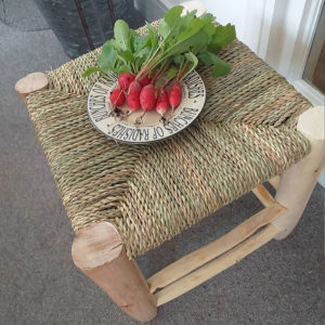 Rustic wooden stool with a plate of raddishes