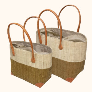 Set of 2 Hanta Two Tone Basket Bags in small and medium - in natural and tan - cut out photo
