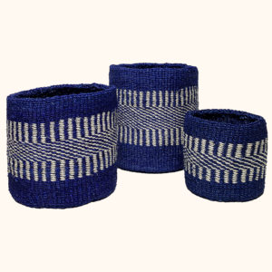 Set of 3 sisal pots in blue and natural, cut out photo