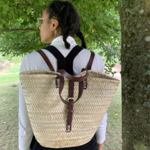 Small backpack basket being worn for a picnic