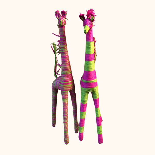 Small green and pink raffia giraffes, cut out photo