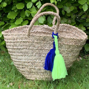 French navy and florescent yellow wool tassels on Berber market basket