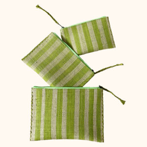 Set of 3 raffia pochettes in lime stripes with zip fastening - cut out photo
