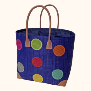 Large raffia tote bag with circles on both sides in navy, cut out photo