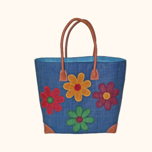 Large blue raffia tote bag with flowers embroidered on both sides cut out photo