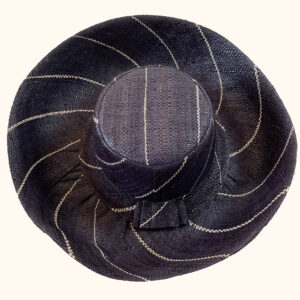 Raffia Mimosa Hat in black pinstripe pattern, cut out photo