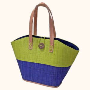 Raffia button bag in lime/navy cut out photo