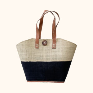 Raffia button bag in natural and black cut out photo