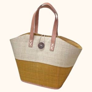 raffia button bag in natural and tan cut out photo