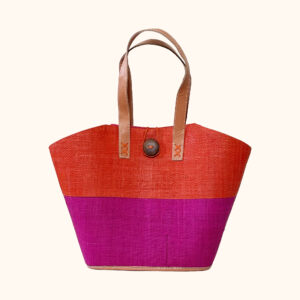 Raffia button bag in orange and pink cut out photo