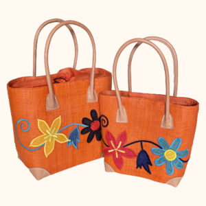 Set of 2 orange embroidered tote bags with flowers and swirls on both sides, leather handles and a drawstring top