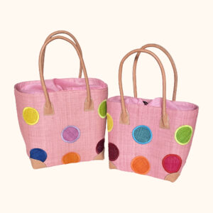 Set of 2 pale pink tote bags with multicolour circles on both sides