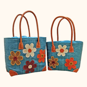 set of 2 flower tote bags in blue cut out photo