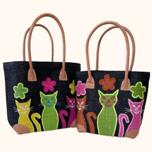 Set of 2 raffia embroidered cat totes cut out photo