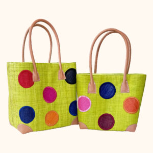 Set of 2 raffia tote bags with circles on both sides in lime, cut out photo