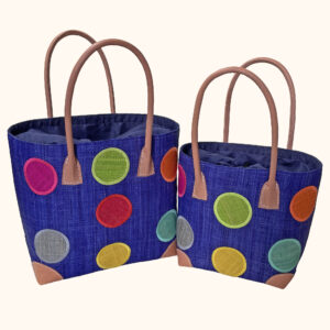 Set of 2 small and medium circle tote bags in navy cut out photo