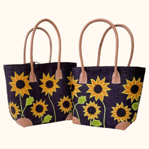 Set of 2 raffia tote bags with sunflowers embroidered on one side, cut out photo