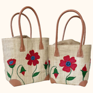 Set of 2 raffia tote bags with poppies on both sides, cut out photo
