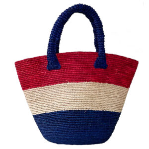 Striped crochet bag in red, natural and navy cut out photo