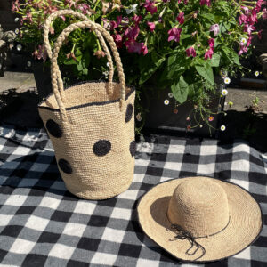 Crochet colour rim hat and circle basket in black on picnic rug