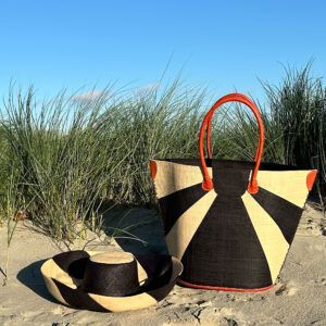 Eliza Raffia hat with black Sunburst Basket Bag at the beach