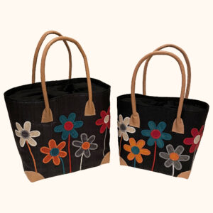 Set of 2 Flower Stems embroidered tote bags in black cut out photo