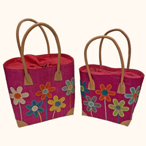 Set of 2 Flower Stem embroidered tote bags in pink cut out photo