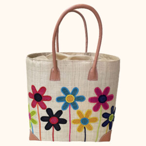 Large tote bag with colourful flower stem pattern on natural cut out photo