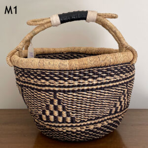 Medium Blue Black Round Bolga Basket from Ghana