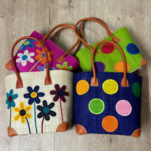 Two pairs of embroidered tote bags - flowers and circles
