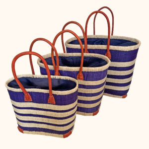 All 3 sizes of porto stripe raffia basket bags in navy - cut out photo