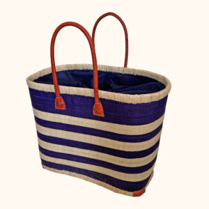 Large porto stripe raffia basket bag in navy - cut out photo