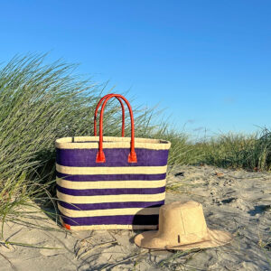 Large porto stripe raffia basket bag with natural Amelie raffia sun hat at beach