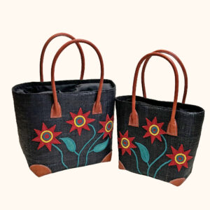 Set of 2 embroidered red sunflowers on a raffia tote bag - cut out photo