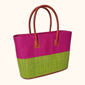 Monique raffia handbag with zip fastening in lime and pink cut out photo