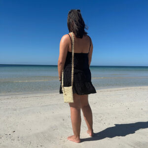 Natural colour Crochet Phone Bag worn at a beach